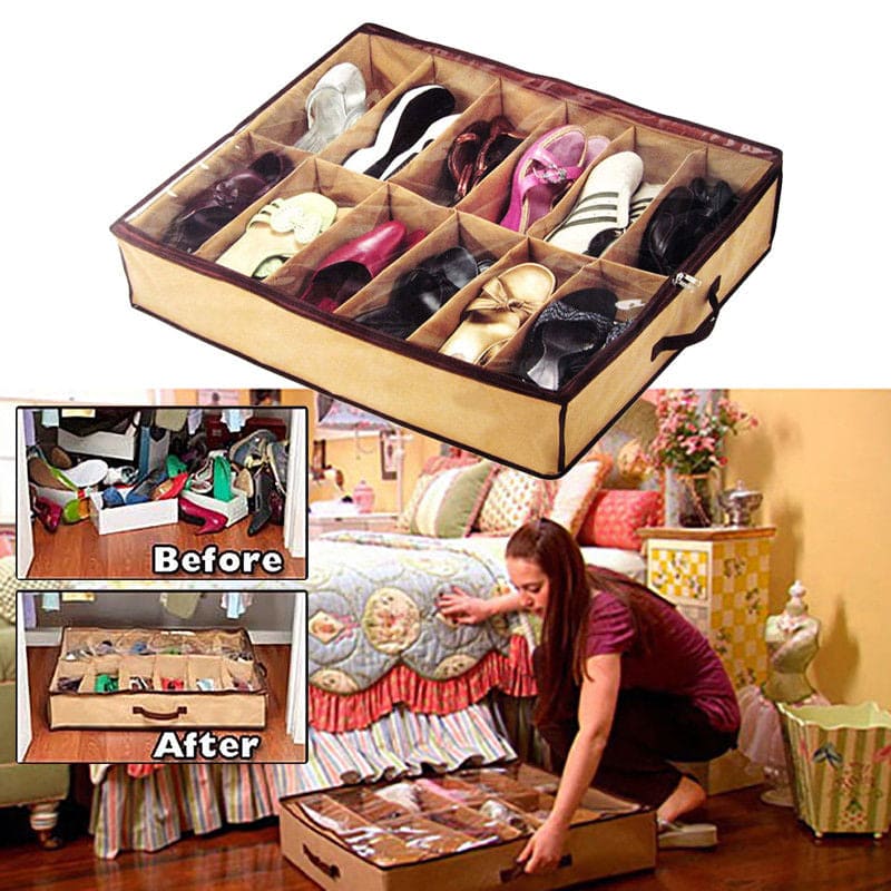 12 Compartment Non Woven Shoe Organizer, Underbed Shoe Storage Bag, Easy To Carry Shoe Bag