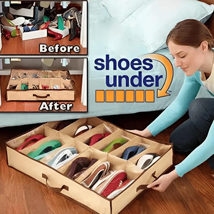 12 Compartment Non Woven Shoe Organizer, Underbed Shoe Storage Bag, Easy To Carry Shoe Bag