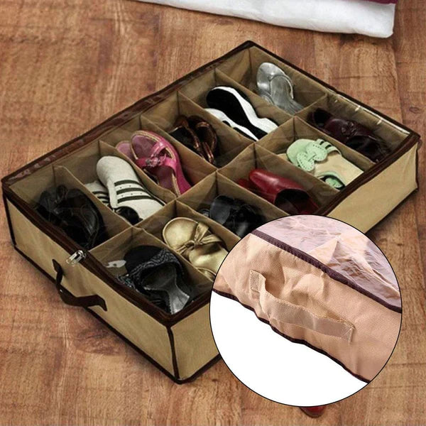 12 Compartment Non Woven Shoe Organizer, Underbed Shoe Storage Bag, Easy To Carry Shoe Bag