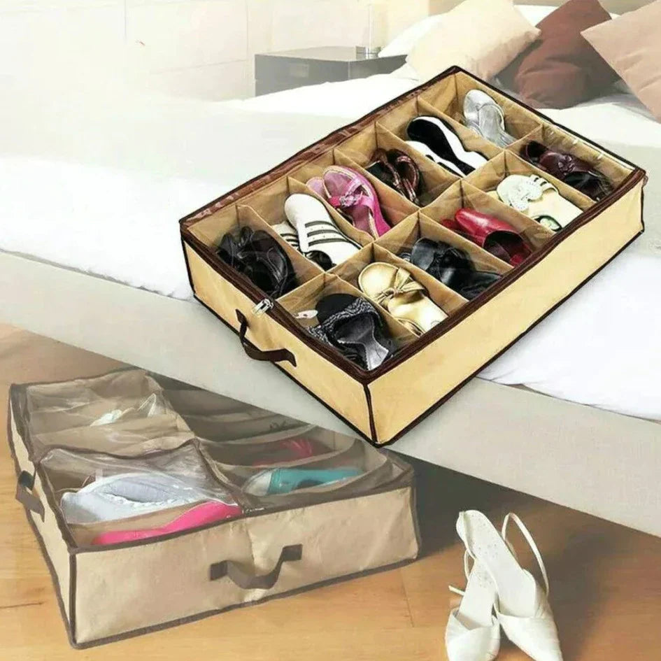 12 Compartment Non Woven Shoe Organizer, Underbed Shoe Storage Bag, Easy To Carry Shoe Bag